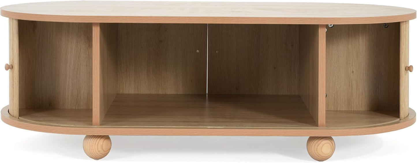 Oval Coffee Table with Storage for Living Room, Retro Charm Wooden Fluted Center Table, 47.24" Modern Classic Accordion Door Coffee Tables Dual Level Storage Side Table for Home,Office-Natural