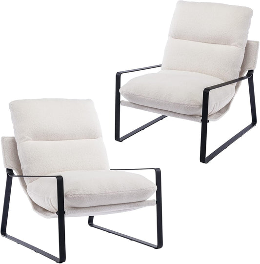 DUOMAY Modern White Sherpa Accent Chair Set of 2, Comfy Lounge Lazy Chair with Metal Leg, Mid-Century Corner Arm Chair for Living Room Bedroom Office Apartment