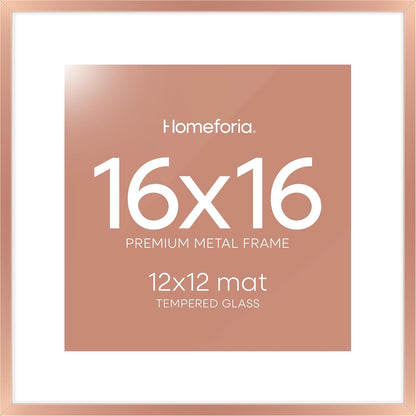 Homeforia 16x16 Picture Frame Rose Gold, High End Metal 16 x 16 Square Poster Frame with Mat 12 x 12 Photo, 16x16 Frame Matted to 12x12 Print, 16by16 Hanging Frames, Tempered Glass, Wall Kit, Set of 1