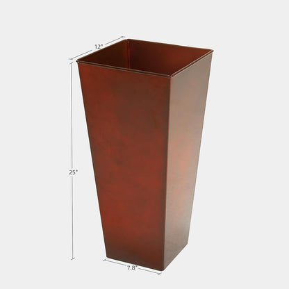 KOL 25''H. Galvanized Steel Planter with Saucer, Tall Glazed Planter Pots for Indoor & Outdoor Use, Set of 2, Decorative Flower Plant Pots with Drainage Hole for Porch, Patio, Deck - Reddish Brown