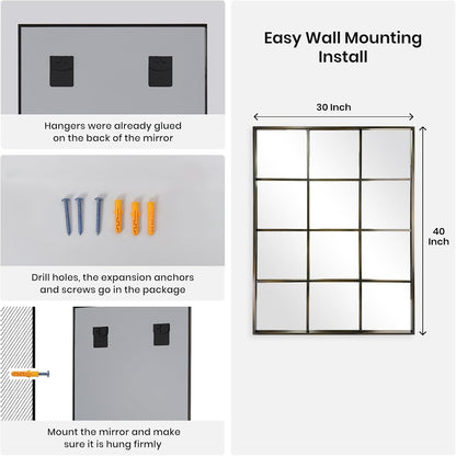 Windowpane Wall Mirror 30"x40" Bronze Wall Mounted Art Pane Mirror Farmhouse Decorative Mirror Leaning Hanging Wall Mirror for Bedroom Living Room Entrance Hallway Wall Decor