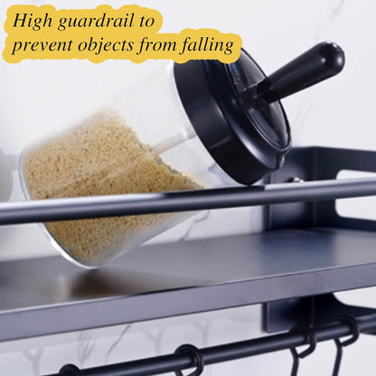 Wall Mount Storage Holder，Stainless Steel Strong Shelf with 6 Removable Hooks, Spice Rack Organizer，Kitchen Organizer Shelf, Space Saving Spice Rack and Kitchen Storage (black)