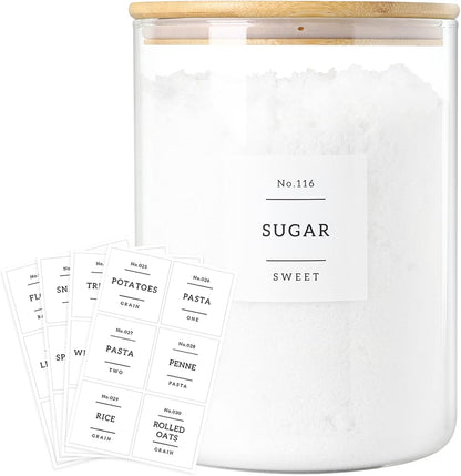 Large Glass Flour and Sugar Containers Jars with Bamboo Airtight Lid - 100 Fl Oz (3000ml) with Kitchen 42 Pantry Labels for Dry Food, Flour, Pasta, Cereal