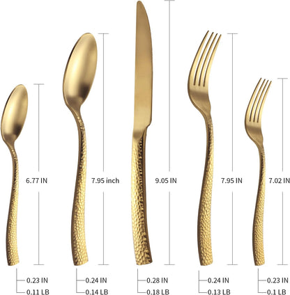 Silverware 45-Piece Matte Gold Hammered Flatware Set with Serving Utensils, Stainless Steel Thick Handle Matte Polished Cutlery Set for Wedding Hotel Restaurant, Service for 8