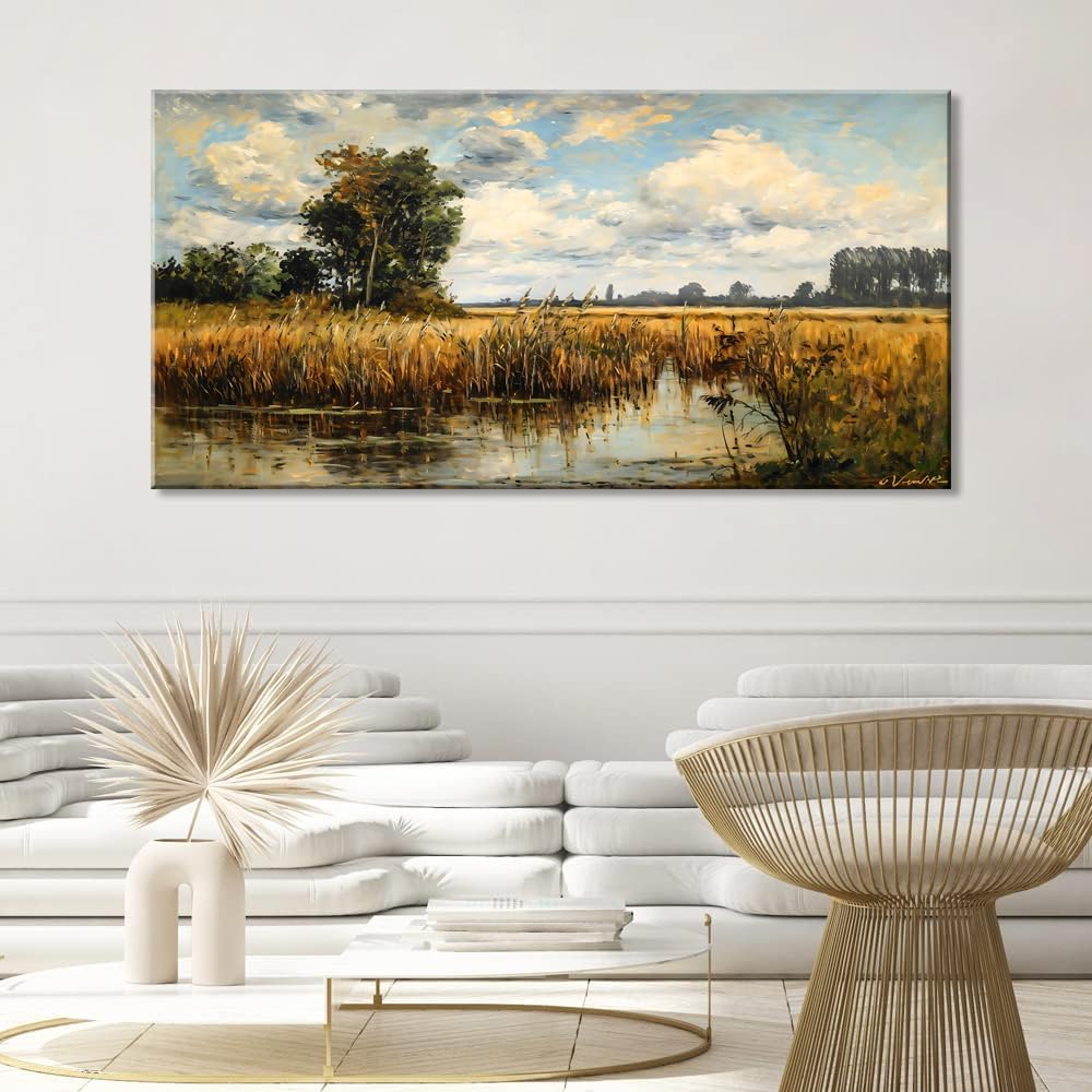 LASMOND Beautiful Wilderness Meadow Canvas Wall Art Oil Painting Reproduction Print Vintage Wildflower Field Scenery Countryside Landscape Tree Rustic Retro Decor Artwork for Country Farmhouse Bedroom 20x40 Inches