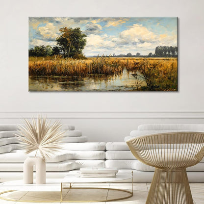 LASMOND Beautiful Wilderness Meadow Canvas Wall Art Oil Painting Reproduction Print Vintage Wildflower Field Scenery Countryside Landscape Tree Rustic Retro Decor Artwork for Country Farmhouse Bedroom 20x40 Inches