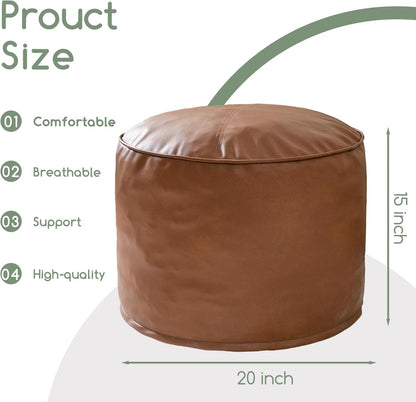 HIGOGOGO Round Stuffed Pouf Ottoman, Pu Leather Poufs with Foam Chunk Filling, Furry and Fluffy Pouf Foot Stool Storage Ottoman, 20 X 15 Floor Poufs Foot Rest for Living Room,Brown