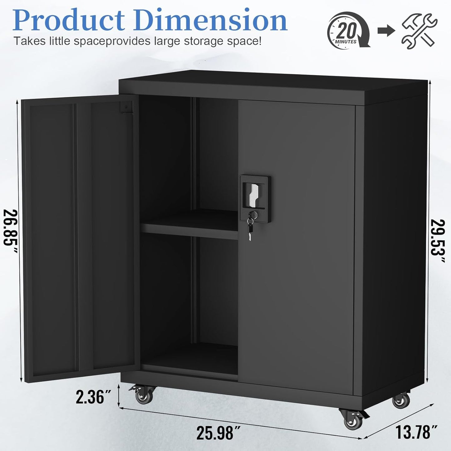 Metal Storage Cabinet with Wheels,Lockable Steel Rolling Storage Cabinet with 2 Doors for Garage,Home Office,Assembly Required,Black