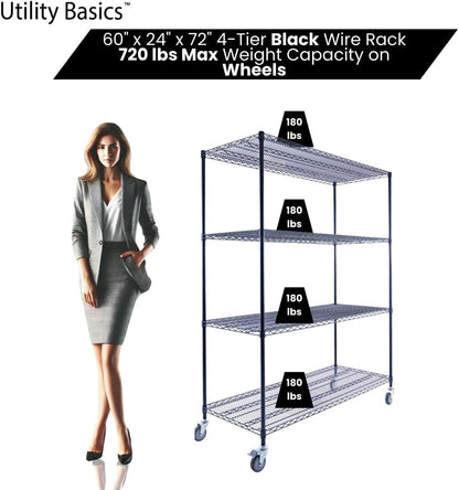 60"x24"x72" Premium Metal Steel 4-Tier Wire Shelving NSF 3200 LBS MAX Capacity Heavy Duty Storage Rack for Hospitals, Schools, Commercial Spaces, and Garages w/Premium Wheels