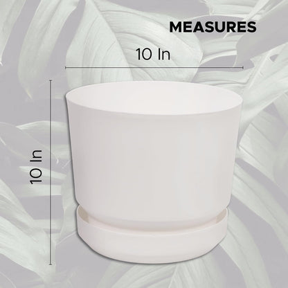 Elly Décor 10 inch Plastic Cylinder Planter Pot with Self-Watering Saucer and Drainage Hole,Lightweight & Extremely Durable, 10"x 10", White