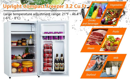 3.2 Cu.Ft Mini Fridge with Freezer, Small Refrigerator with Single Door and Adjustable Thermostat, Shelf, Energy Efficient, Compact Fridge for Bedroom, Office，white