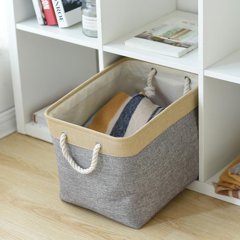 TheWarmHome Storage Basket for Organizing - Fabric Large Cubes 3 Pack 16x12x12 inch Baskets, Cube Storage Bin for Shelves Organizer Closet Cloth Gift Toy (Gold & Grey)
