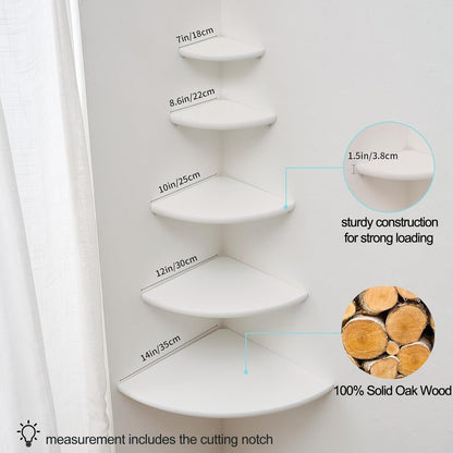 Corner Shelf, Solid Oak Wood Floating Corner Shelf Wall Mount Round End Floating Speaker with Wire Hole for Small Plant Photo for Bedroom Kitchen, Living Room White