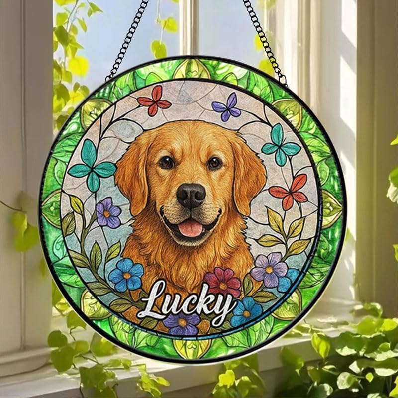 Custom Dog Suncatcher with Pet Name, Personalized Stained Glass Window Hanging Art, Unique Memorial Gift for Dog Lovers, Pet Remembrance Keepsake, Decorative Home Window Ornament