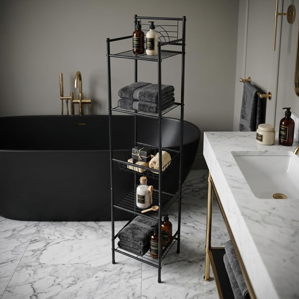 Bath Bliss 5 Tier Freestanding Bathroom Storage Shelf, Black Metal Organizer Rack | Rust Resistant