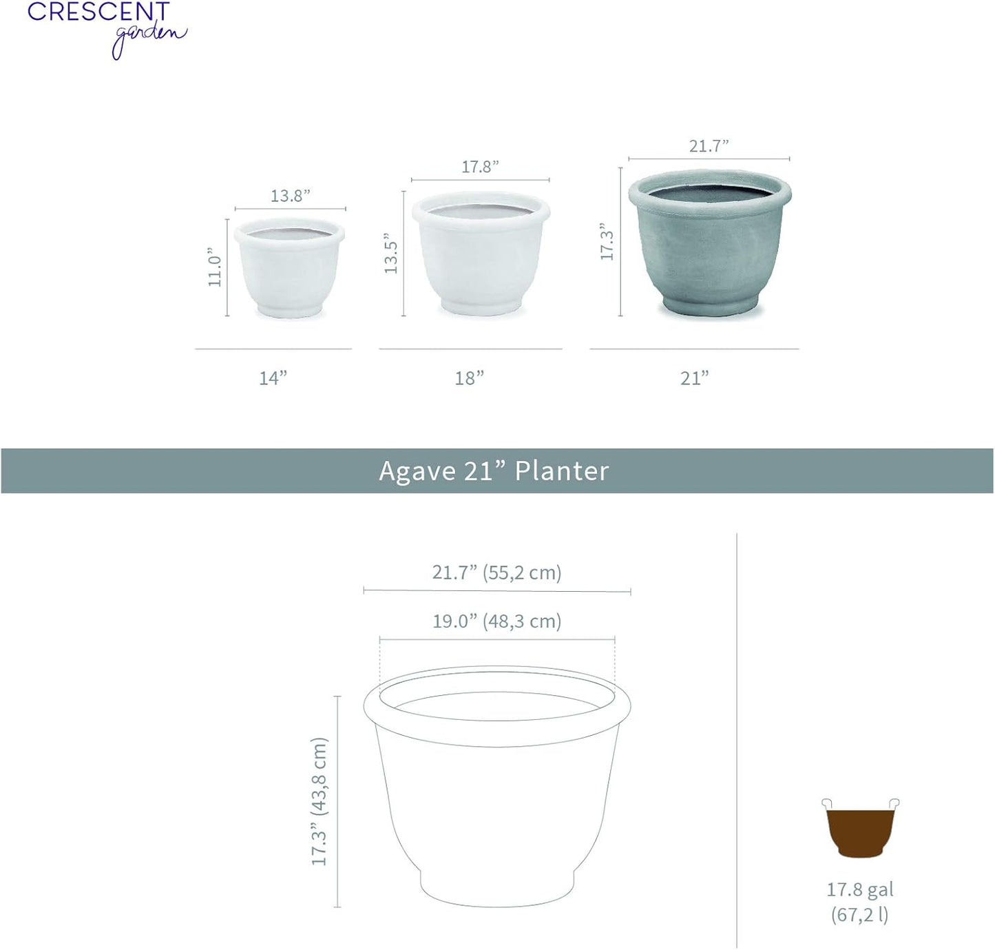 Crescent Garden Agave Planter, Charming Old-World Plant Pot, 21-Inch (Caviar Black)