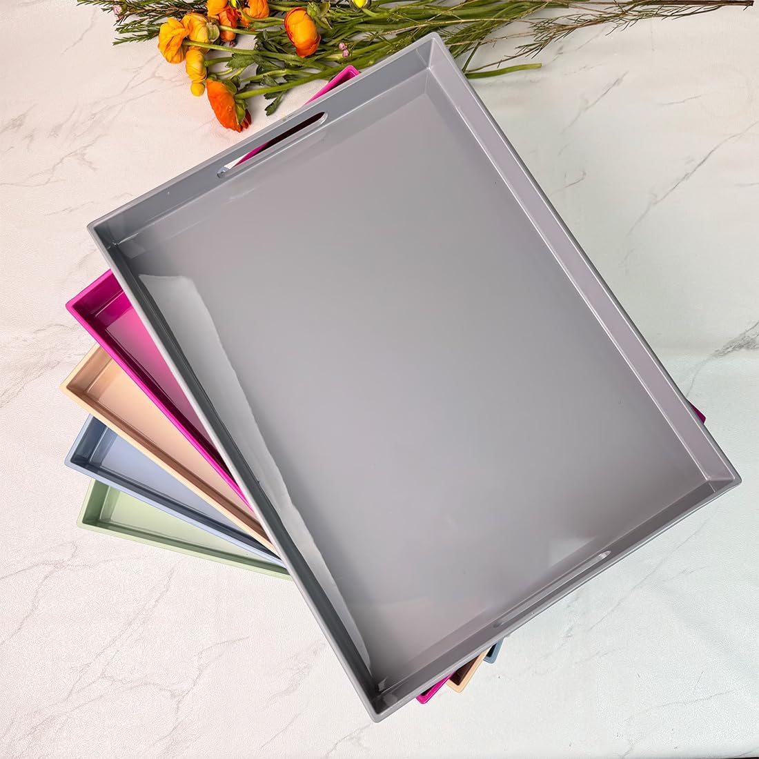 Grey Decorative Tray, Rectangular Large Serving Tray with Handles, Plastic Coffee Table Tray for Ottoman, Living Room, Kitchen Tabletop, 15.7” x 11.8” x1.6”