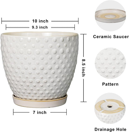 G EPGardening 10 Inch Plant Pot Ceramic Pots for Plants Indoor Outdoor Plant Pots with Drainage Hole and Saucer Round Large Flower Pot for Home Garden Office White