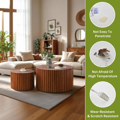 Round Nesting Coffee Table Modern Walnut Fluted Coffee Table Set of 2 Stripe Round Coffee Table Circle Drum Coffee Tables for Living Room (Walnut Large)