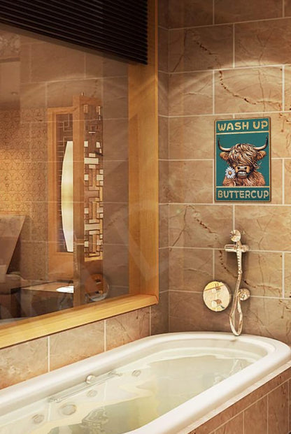 ALKB Highland Cow Sign Bathroom Wall Cow Painting for Western & Highland Cow Lovers - Funny Wash Up Sign 8 x 12 Inch