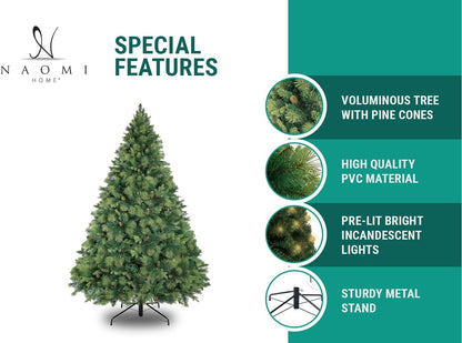 Naomi Home 7.5ft Christmas Tree with Lights, Realistic Traditional Prelit with Pine Cones, Foot Pedal 1556 Branch Tips, 750 Warm Lights and Metal Stand, Aritificial Tree