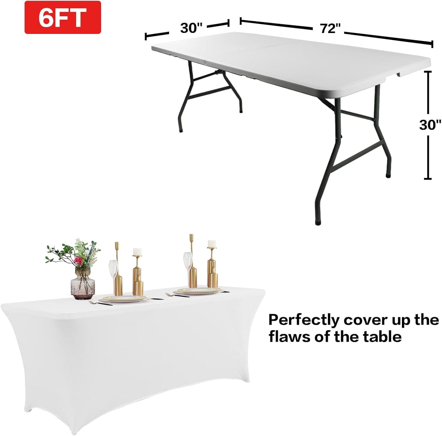 IVAPUPU 2 Pack 6FT Table Cloth for Rectangular Fitted Events Stretch White Table Covers Washable Spandex Spring Tablecloth Protector for Party, Wedding, Cocktail, Banquet, Festival