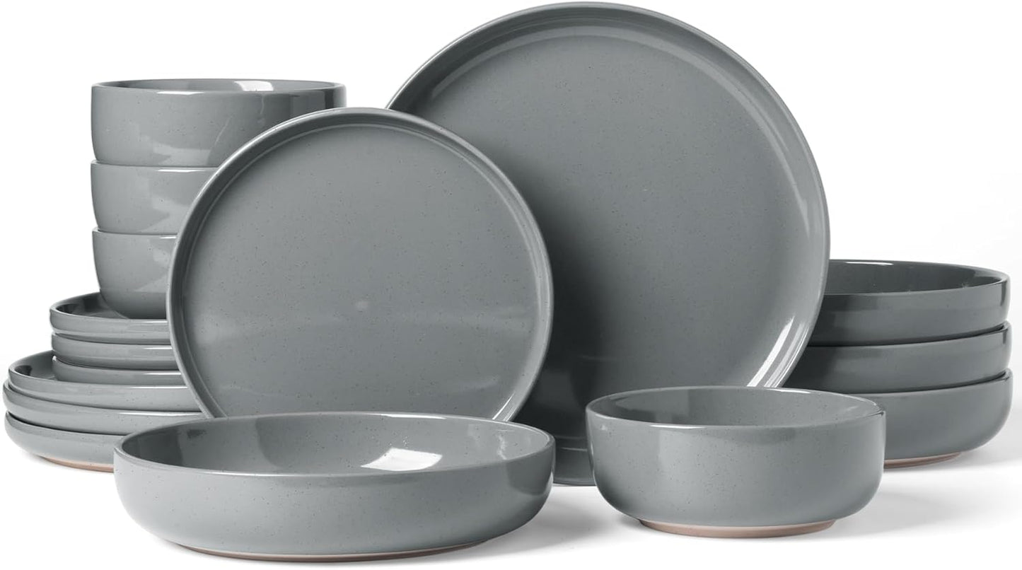 Famiware Milkyway Stoneware Dinnerware Sets with Pasta Bowls, Service for 4 (16 Pieces), Plates and Bowls Sets -Scratch Resistant, Microwave and Dishwasher Safe Dishes Set, Dark Gray