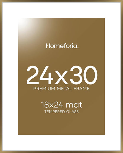 Homeforia Bronze 24x30 Picture Frame, High End Metal Poster Frame with Mat 18x24, Tempered Glass, Wall Hook Included