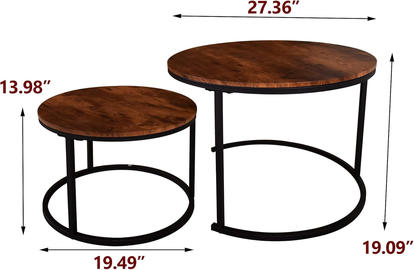 HOMERECOMMEND Round Coffee Table Set of 2 Modern Nesting Side End Table for Living Room,Round Wooden Coffee Table with Solid Powder-Coated Metal Frame, Rustic Brown/Black