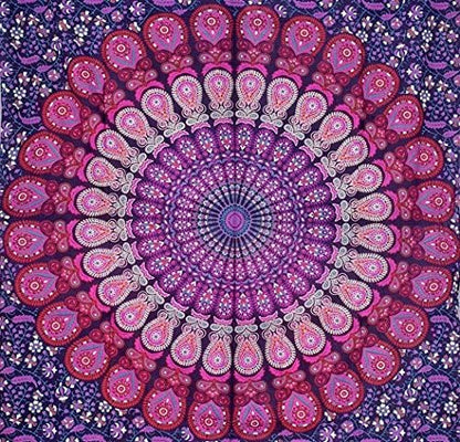 Bless International Handmade Indian hippie Bohemian Psychedelic Peacock Mandala Wall hanging College Dorm Beach Throws Table Cloth Bedding Tapestry (Purple Pink, Queen(84x90Inches)(215x230Cms))