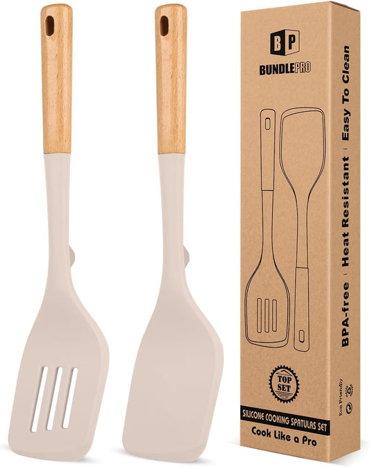 Pack of 2 Large Silicone Spatula, Heat Resistant Solid Turner, Non Stick Slotted Spatulas with