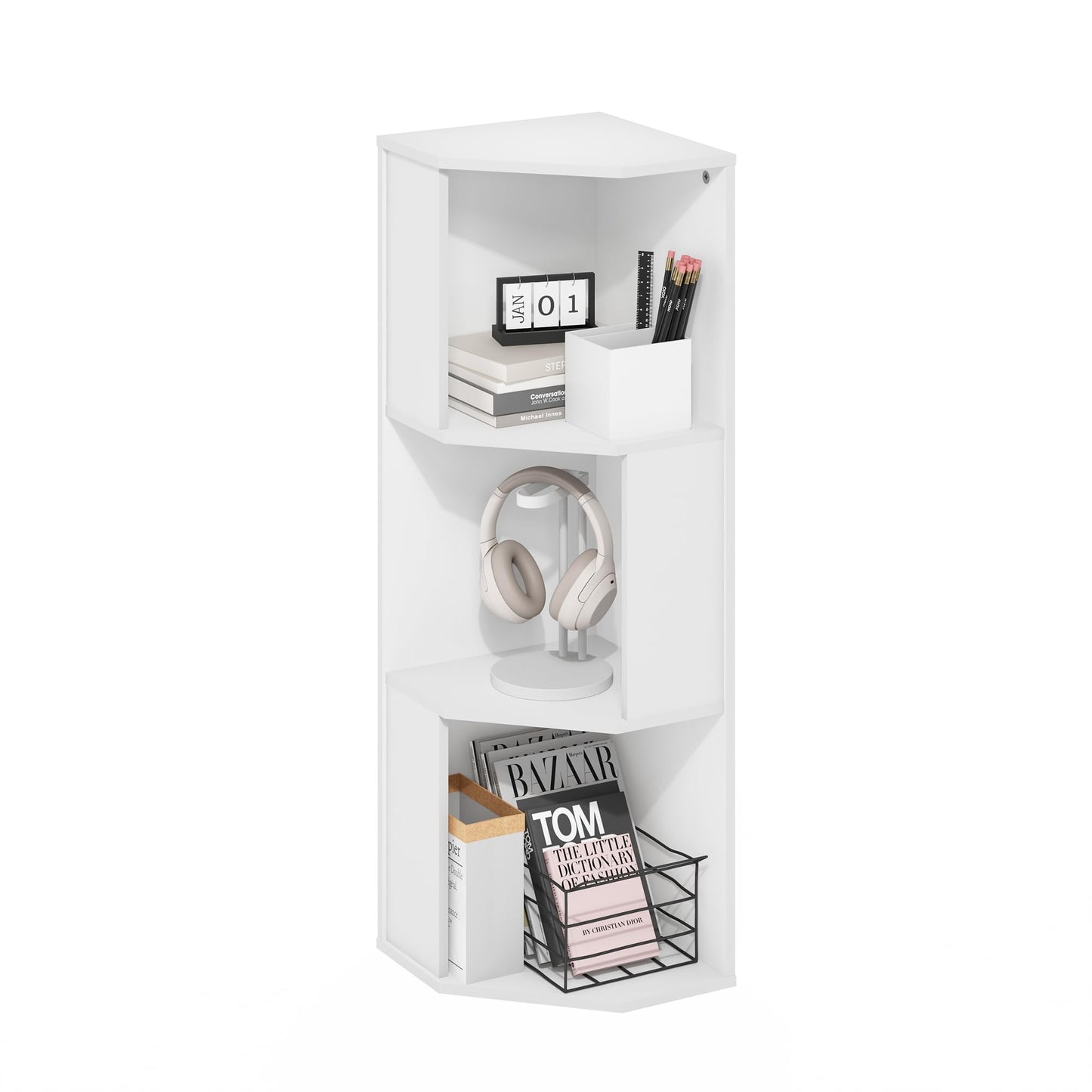 Furinno ECON Corner Shelf, 3-Tier Corner Book Shelf, Standing Storage Shelves, Cube Display Rack