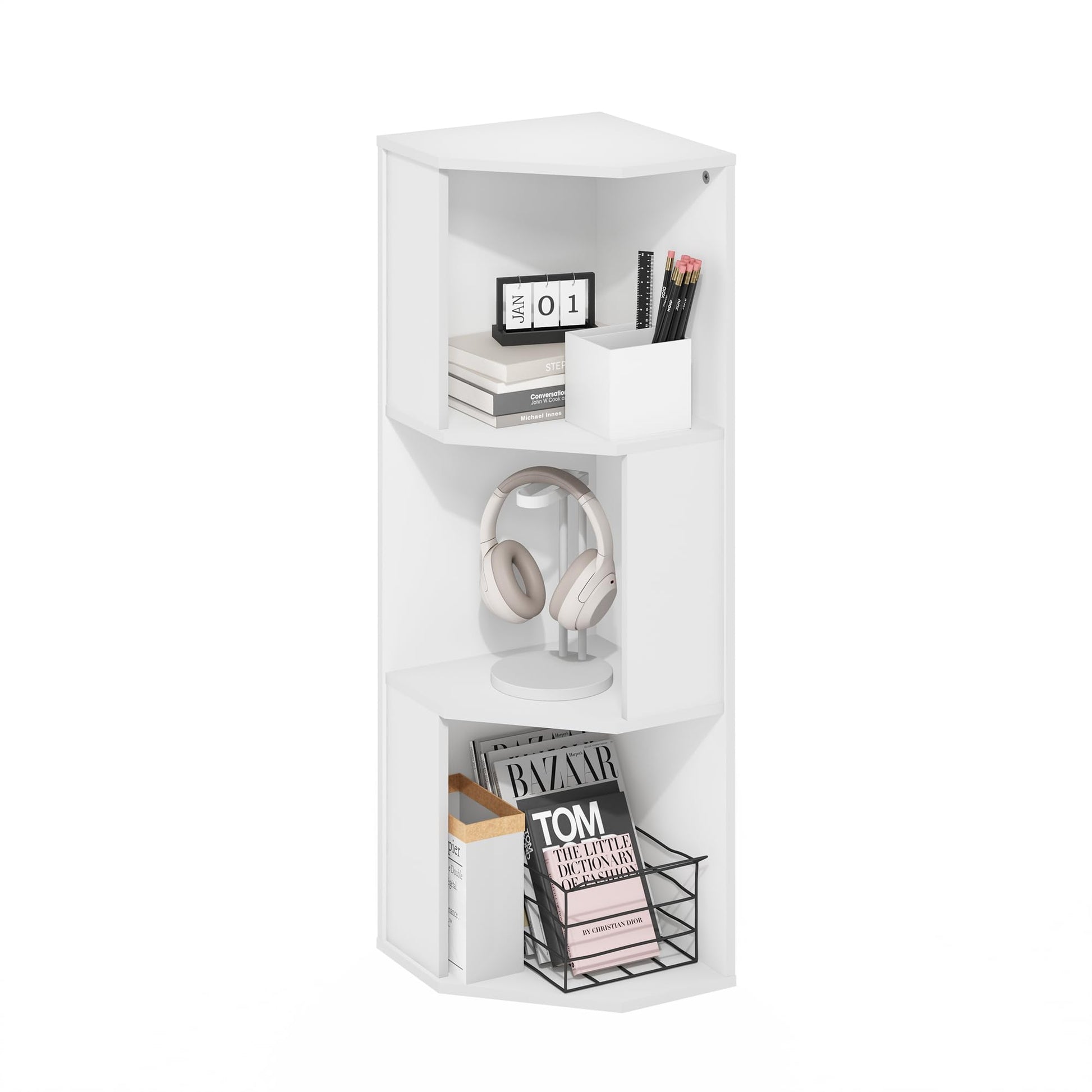 Furinno ECON Corner Shelf, 3-Tier Corner Book Shelf, Standing Storage Shelves, Cube Display Rack