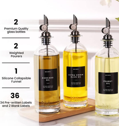 Molimoli Oil and Vinegar Dispenser with Metal Pour Spout, Weighted Pourer, Glass Bottle Dispenser for Kitchen, Olive Oil Cruet, Glass Olive Oil Bottle | 500ml, Set of 2