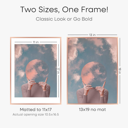 Homeforia 13x19 Picture Frame Rose Gold, High End Metal 13x19 Poster Frames with Mat 11x17 inch Photo, 13 x 19 Rose Gold Frame Matted to 11 by 17 Print, 19x13 Frame, Tempered Glass, Wall Kit, Set of 1