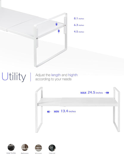 Nxconsu Cabinet Shelf Expandable Height Adjustable Shelf Organizer Riser for Kitchen Cabinet Pantry Cupboard Under Sink Countertop Organization Storage Space Saver Stackable Heavy Duty Metal White XXL