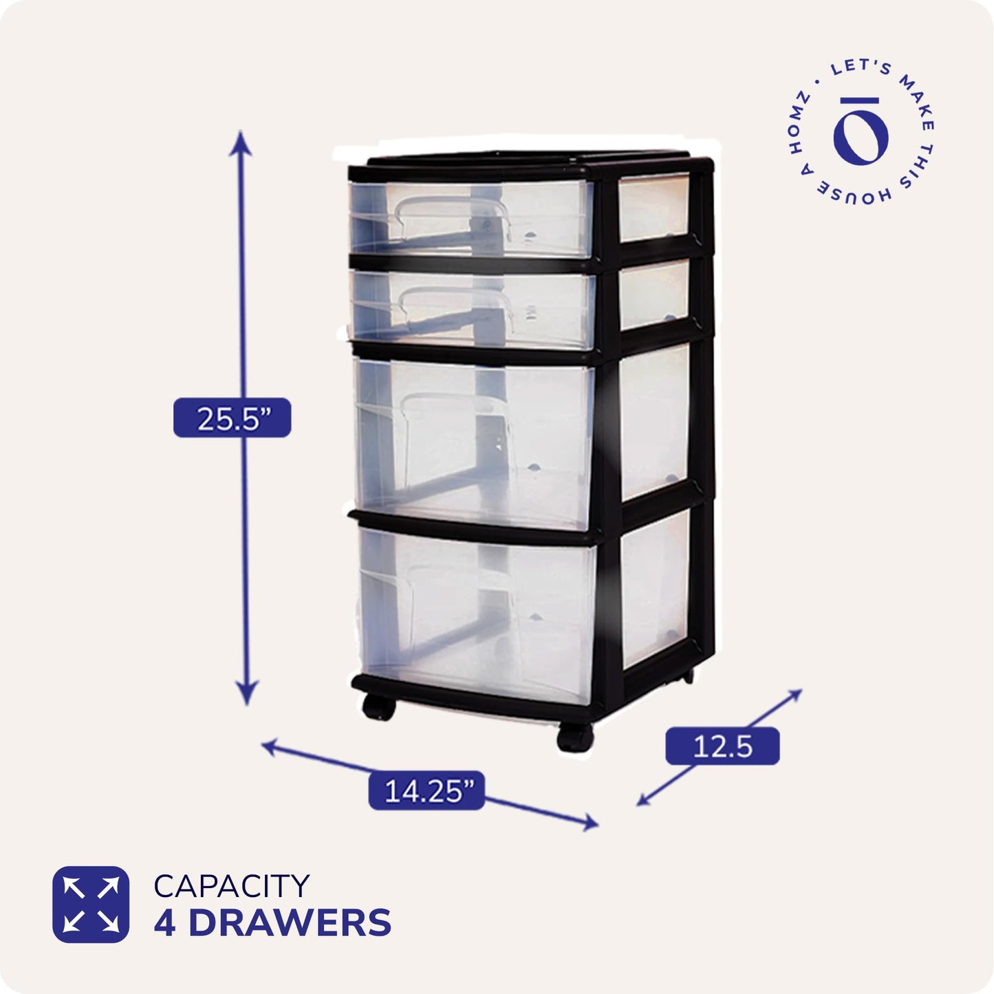 HOMZ Drawer Tower, 4-Tier Clear Plastic Storage Organizer Cart, Black Frame - Rolling Drawers with