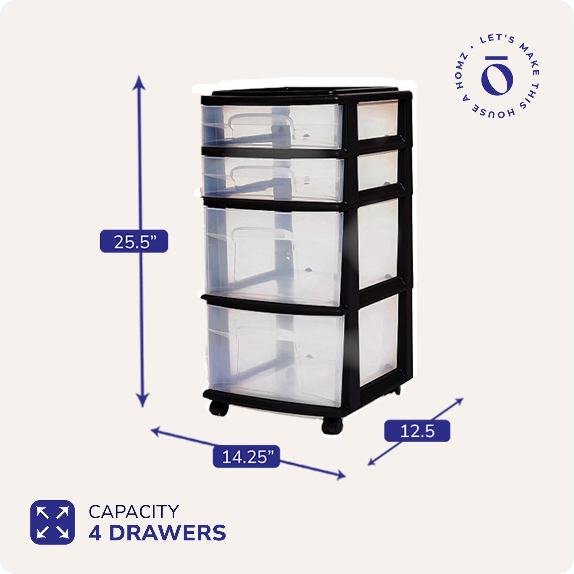 HOMZ Drawer Tower, 4-Tier Clear Plastic Storage Organizer Cart, Black Frame - Rolling Drawers with