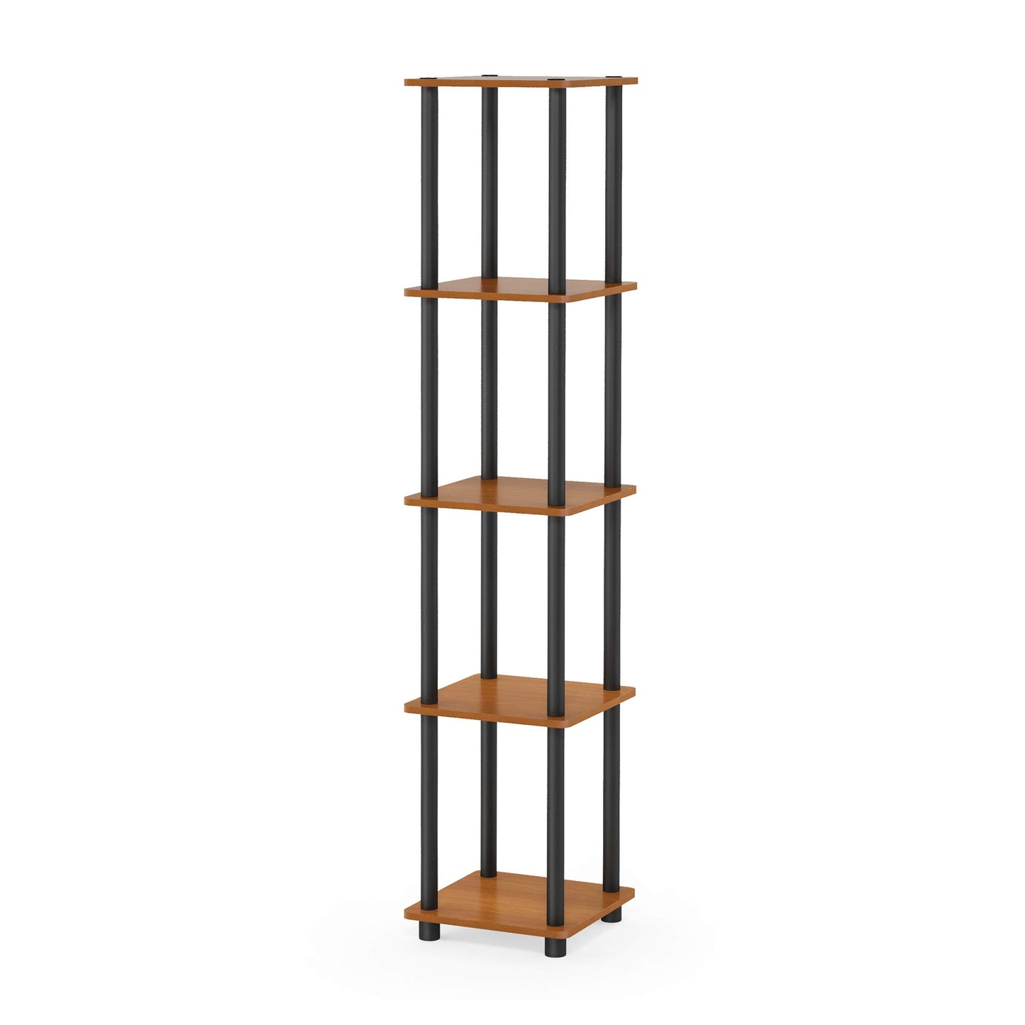 FURINNO Turn-N-Tube 5-Tier Corner Square Rack Display Shelf, Round, Light Cherry/Black