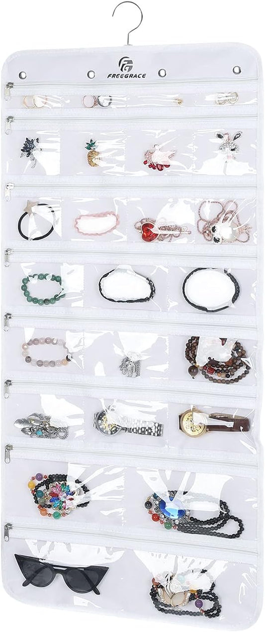 Freegrace Hanging Jewelry Organizer Revolving Hanger - Secure Zipper Closure - 25 Pockets,23 Hooks - Foldable Storage & Display Solution - For All Jewelry & Bijoux (White)