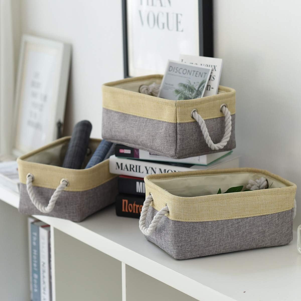 Fabric Storage Baskets for Organizing(6 Pack) Small Baskets for Shelves,storage, Laundry, Nursery, Closets, Decorative Baskets for Gifts Empty (Grey & gold, 11.8” x 7.8” x 5.1”)