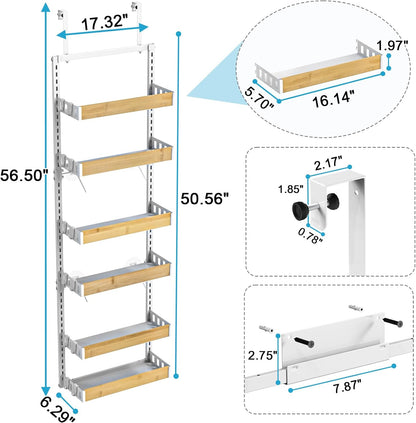 bukfen Over the Door Pantry Organizer 6-Tier Adjustable Basket Kitchen Pantry Door Organization and Storage, 2 in 1 Wall Mount or Hanging Heavy-Duty Metal Hanging Kitchen Spice Rack,White Bamboo Color