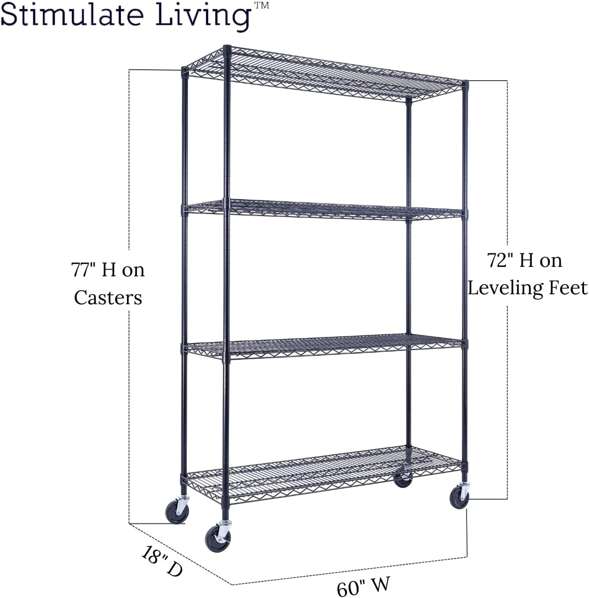 60"x18"x72" Prime Heavy Duty Black 4-Tier Wire Shelving NSF 3200 LBS MAX Capacity Storage Rack for Commercial, Hospital, School, Garage, and Kitchen Uses (with Wheels)