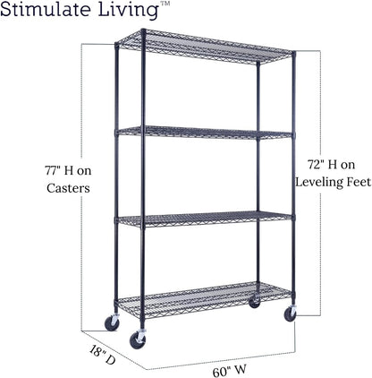 60"x18"x72" Prime Heavy Duty Black 4-Tier Wire Shelving NSF 3200 LBS MAX Capacity Storage Rack for Commercial, Hospital, School, Garage, and Kitchen Uses (with Wheels)