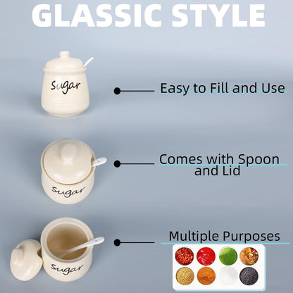 HAOTOP 12oz Sugar Bowl with Lid and Spoon,Ceramic Sugar Jar Sugar Dispenser Sugar Container Coffee Bar Accessories, Kitchen Countertop Canisters, Beige