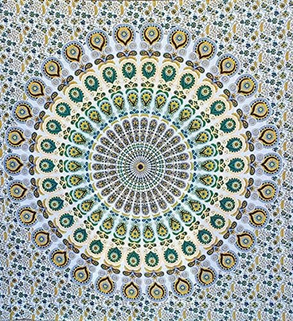 Bless International Handmade Indian hippie Bohemian Psychedelic Peacock Mandala Wall hanging College Dorm Beach Throws Table Cloth Bedding Tapestry (Yellow Green, Queen(84x90Inches)(215x230Cms))