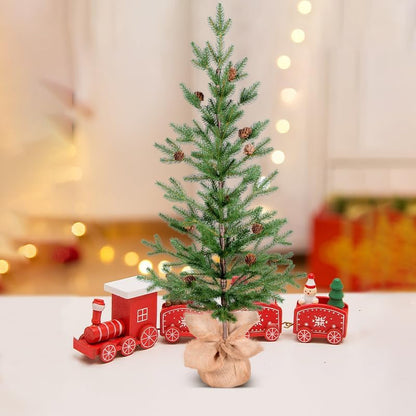3FT Tabletop Artificial Christmas Tree, 209 Realistic PE Branches, Pine Cone Decorations, Unlit, Cement Base Wrapped in Burlap, Green