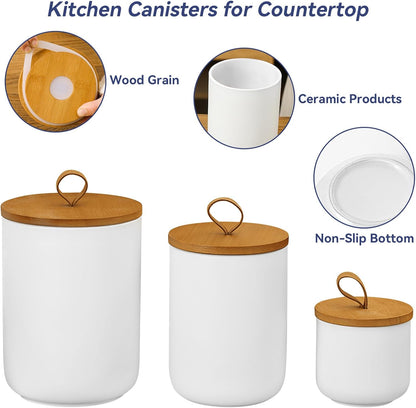 Ceramic Storage Jars, Modern Elegant Polished Airtight Gorgeous Storage Canisters with Wooden Lid Small Food Stroage Jar for Kitchen Spice Tea Vanilla Sugar Coffee Beans (3Pcs Suit White)