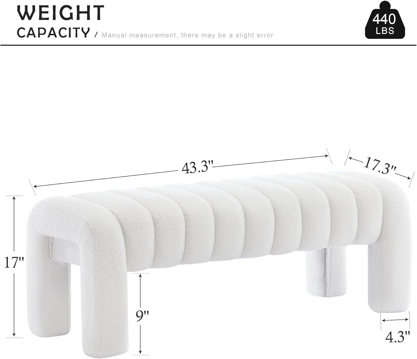 43.3" Bedroom Bench, Upholstered Entryway Bench, Modern End of Bed Ottoman with Solid Wood Legs and Adjustable Foot Pegs for Entryway, Dining Room and Living Room (White Teddy)