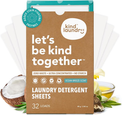 Kind Laundry Detergent Sheets with Stain-Fighting Enzymes - Plant Powered Eco-Friendly Laundry Soap Sheets - Home or Travel Laundry Detergent - Ocean Breeze, 32 Loads (Mom's Choice Award Winner)